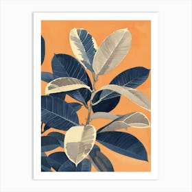 Blue Leaves On Orange Background Art Print