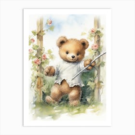 Fencing Teddy Bear Painting Watercolour 1 Art Print
