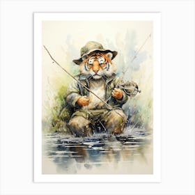 Tiger Illustration Fishing Watercolour 1 Art Print
