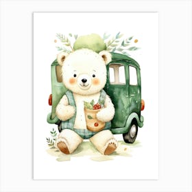Baby Polar Bear On A Toy Car, Watercolour Nursery 1 Art Print