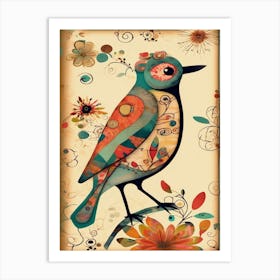 Whimsical Bird On A Branch, Colorful Highlights Art Print