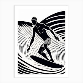 Linocut Black And White Surfer On A Wave art, surfing art, 255 Art Print