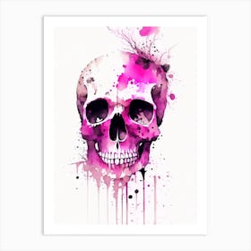 Skull With Watercolor Or Splatter Effects 3 Pink Line Drawing Art Print
