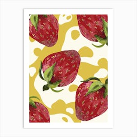 Strawberries red bright on a yellow background with white spots Art Print