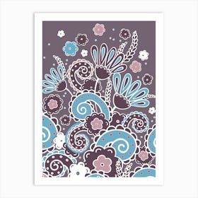 Doodles, Spring Garden, Lilac, and light blue version Art Print