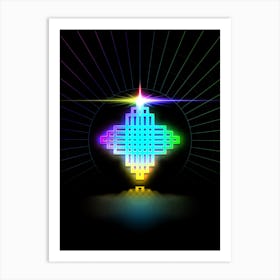 Neon Geometric Glyph in Candy Blue and Pink with Rainbow Sparkle on Black n.0384 Art Print