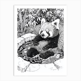 Red Panda Relaxing In A Hot Spring Ink Illustration 3 Art Print