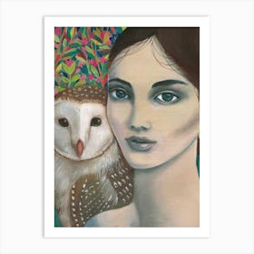 Owl And Woman Art Print