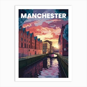 Anime Canvas Art: Industrial Manchester Cityscape with Red-Brick Buildings, Canals, and Reflections, Ideal for Lofi Urban and Nostalgic Decor Fans. Art Print