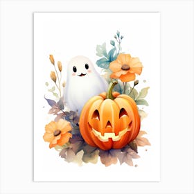 Cute Ghost With Pumpkins Halloween Watercolour 144 Art Print