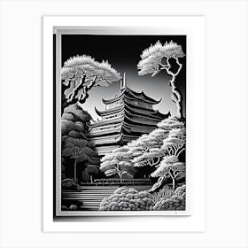 Osaka Castle Park, 1, Japan Linocut Black And White Vintage Art Print
