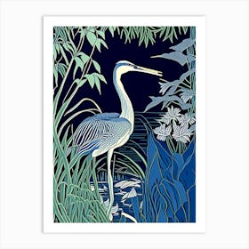 Blue Heron In Garden Vintage Linocut 1 Art Print