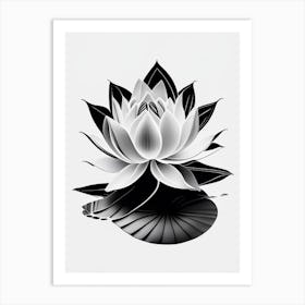 Blooming Lotus Flower In Pond Black And White Geometric 6 Art Print