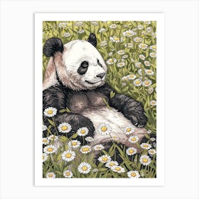 Giant Panda Resting In A Field Of Daisies Storybook Illustration 5 Art Print