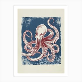 Octopus In The Ocean With Coral Linocut Inspired 3 Art Print