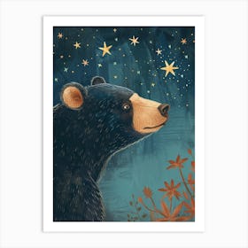 American Black Bear Looking At A Starry Sky Storybook Illustration 3 Art Print