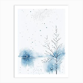 Snowflakes Falling By A Lake, Snowflakes, Minimalist Watercolour 1 Art Print