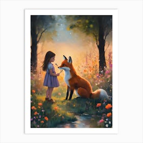 Little Girl With Her Friend the Fox Art Print