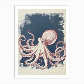 Octopus Swimming Around With Tentacles Red Navy Linocut Inspired 1 Art Print