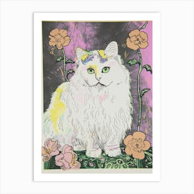 Cute Ragdoll Cat With Flowers Illustration 1 Art Print