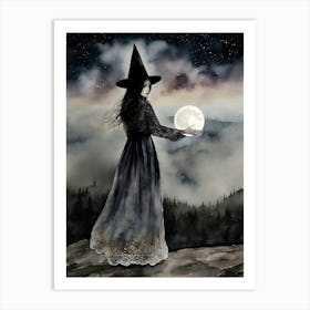 Behold! The Moon! Witchy Watercolor Art by Lyra the Lavender Witch - A Beautiful Witch Holding the Full Moon in her Hands - Dark Aesthetic Pagan Wicca Fairytale Magical Cool Halloween All Year HD Art Print