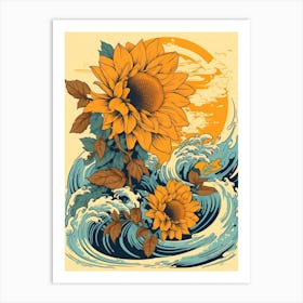 Great Wave With Sunflower Flower Drawing In The Style Of Ukiyo E 2 Art Print