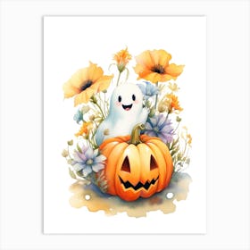 Cute Ghost With Pumpkins Halloween Watercolour 63 Art Print