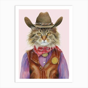 Brown Cat Cowboy Quirky Western Print Pet Decor 2 Art Print