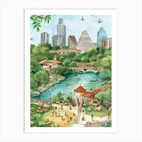 Storybook Illustration Zilker Metropolitan Park Austin Texas 4 Art Print