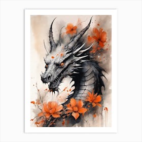 Japanese Dragon Abstract Flowers Painting (18) Art Print