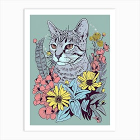Cute Egyptian Mau Cat With Flowers Illustration 2 Art Print