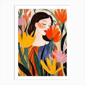 Woman With Autumnal Flowers Bird Of Paradise 3 Art Print