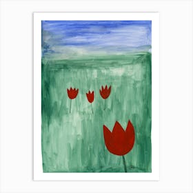 Red Geometric Tulips On Green - nature floral naive geometric vertical Art Print