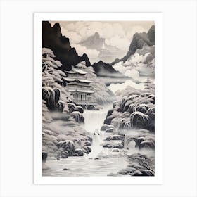 Iya Valley In Tokushima, Ukiyo E Black And White Line Art Drawing 4 Art Print