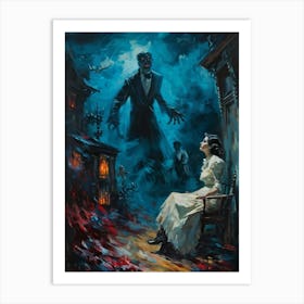 Showcasing A Startling Array Of Vintage Horror Art The Scene Unveils A Chaotic Amalgamation Of Thri (2) Art Print