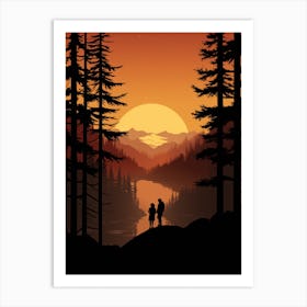 Silhouette Of Two People At Sunset Art Print