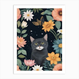 Black Cat In Flowers 5 Art Print