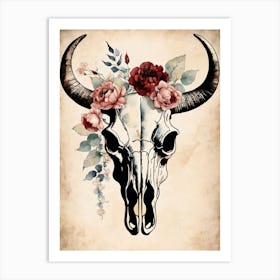 Vintage Boho Bull Skull Flowers Painting (36) Art Print