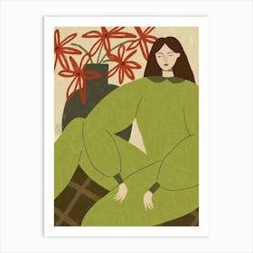 Abstract woman with flowers art print, Neutral green olive retro poster, Mid century modern Art Print