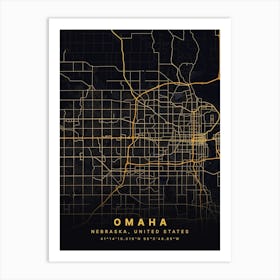 Omaha Nebraska Usa Black And Gold Map Art Print