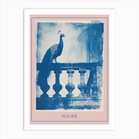 Cyanotype Inspired Peacock Resting On A Handrail 4 Poster Art Print