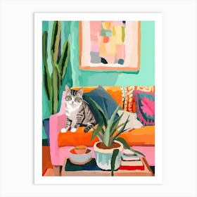Tabby Cat On A Sofa In Boho Living Room Painting Animal Lovers Art Print