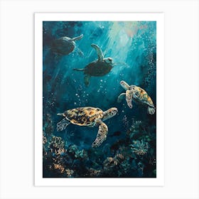 Sea Turtles Illuminated By The Light Underwater 5 Art Print