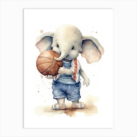 Elephant Painting Playing Basketball Watercolour 2 Art Print