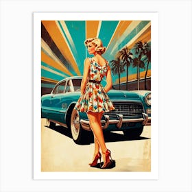 Poster Girl On The Background Of A Retro Car Art Print