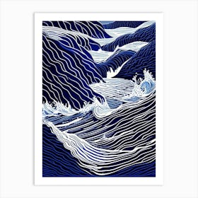 Rushing Water In Deep Blue Sea Water Waterscape Linocut 2 Art Print
