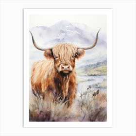 Highland Cow By The Lake Watercolour  2 Art Print