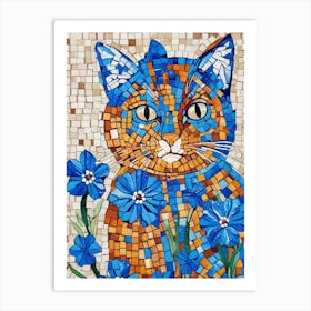 Mosaic Cat With Blue Flowers Art Print