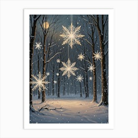 Snowflakes In The Night Forest Art Print