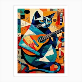 Cat Playing Guitar Inspired by Picasso Art Print
